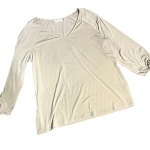 Susan Graver Top XL Long Sleeve V‎ Neck Beige Blouse Elegant Casual Womens